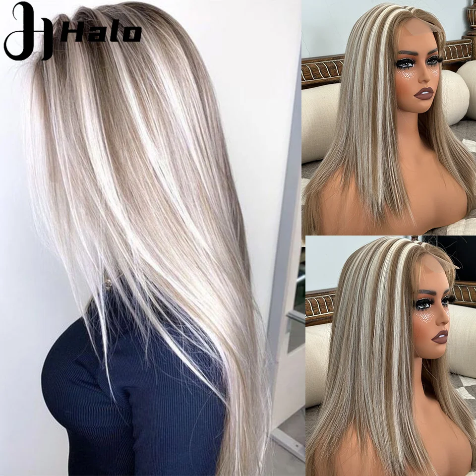 Halo Highlight Synthetic Wig Ash Blonde Wigs For Women Ombre Brown Blonde Wig Glueless Pre Plucked Lace Wigs Party Daily Cosplay