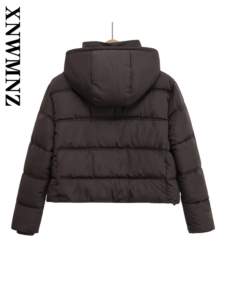 XNWMNZ 2025 الخريف بسيط التنقل مقنعين طوق معطف طويل الأكمام Vintage الشتاء عادية النساء الملابس البني موضة ملابس خارجية #2