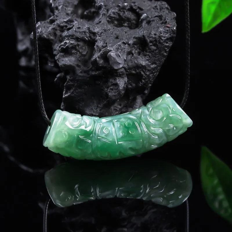 Jade Carved Repeating Pattern Curved Tube Lulu Tong Pendant Accessories, Couple's Handmade Rope Necklace Jewelry view 2