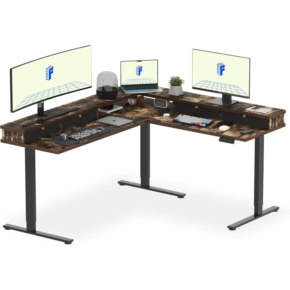 

71 L-Shaped Electric Standing Desk with 4 Drawers, Adjustable Workstation for Home Office, Gaming or Studio, Rustic Brown Top an