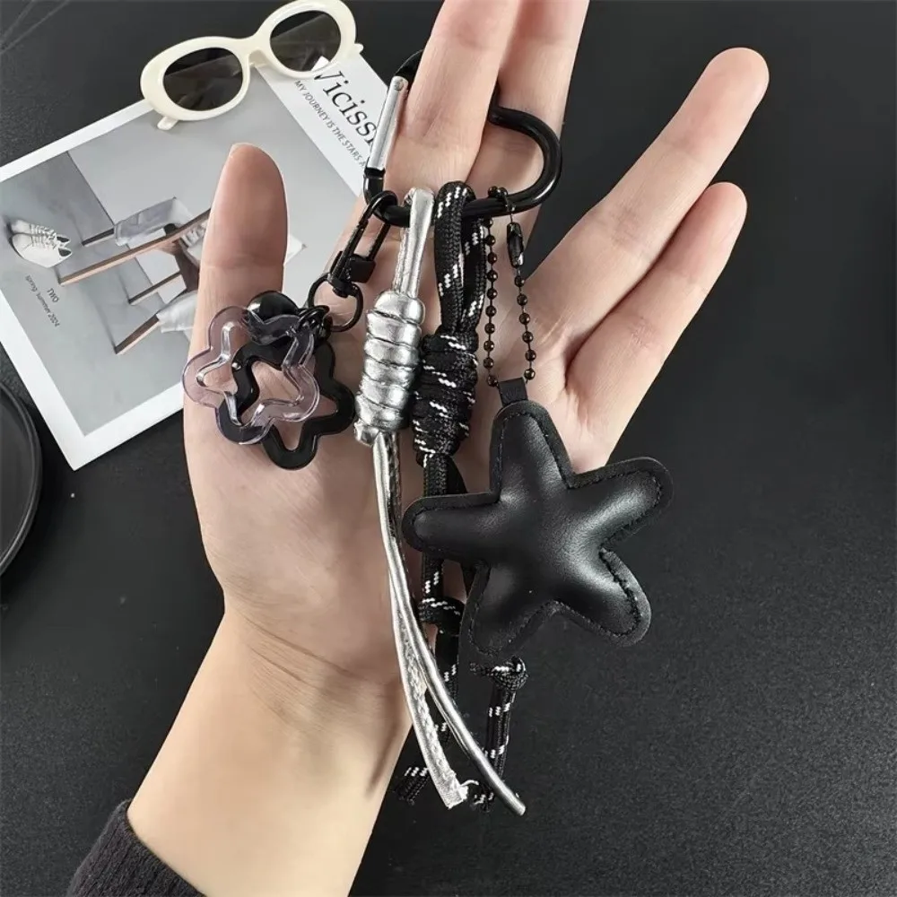 Leather Star Bag Keychain Black and White Star and Braided Rope Mix-And-Match Pendant Handmade Pendant Decoration Sweet-Cool Bag