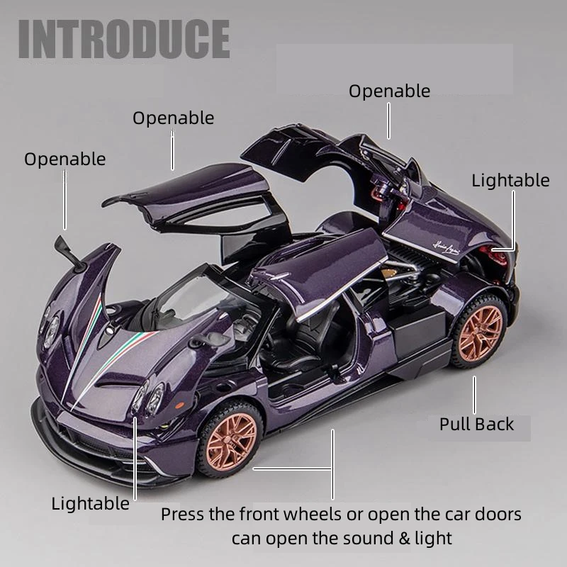 1/32 Pagani Huayra Roadster Zonda Dinastia Miniature Toy Car JKM Diecast Super Sport Model Sound & Light Collection Pull Back