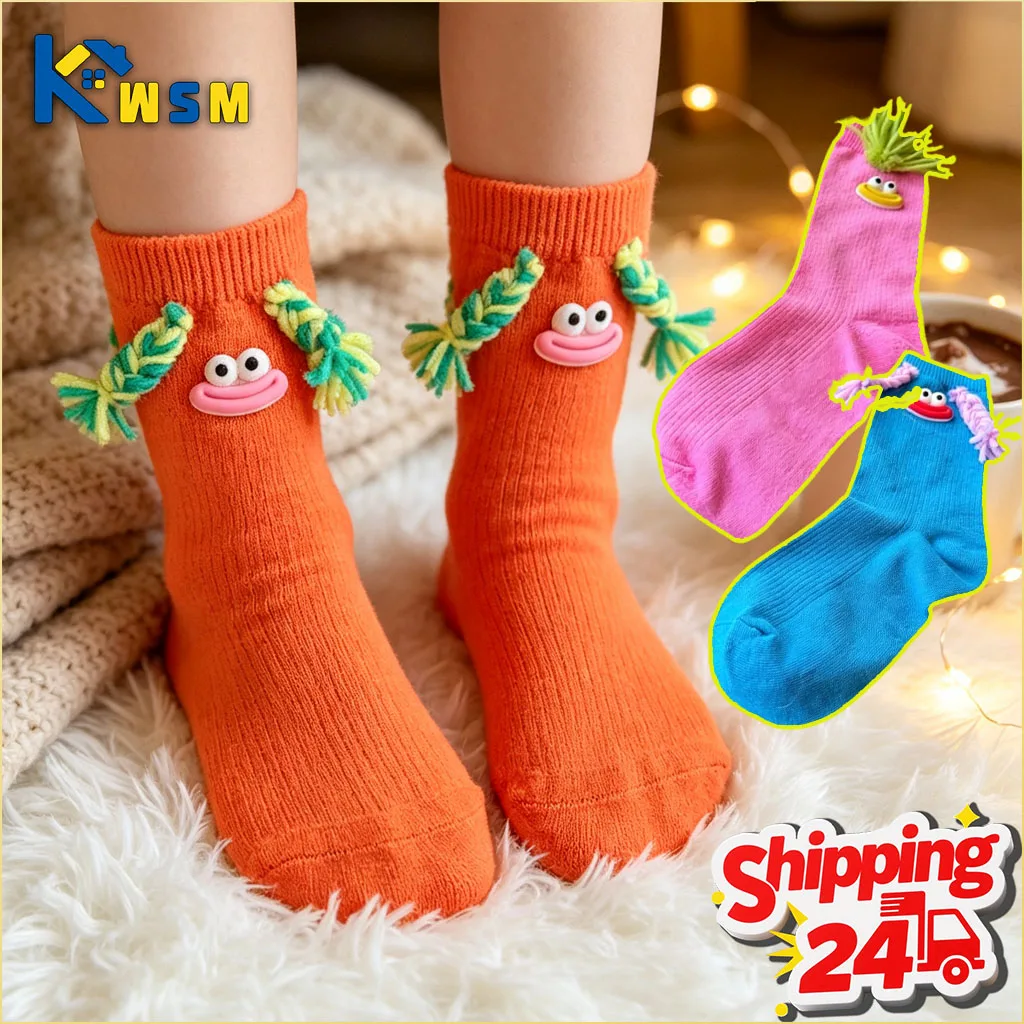 1-10Pairs Novelty Socks Braided Hair Sausage Mouth Funny Ugly Doll Color Block Design Streetwear for Girls Daily Outfit Party
