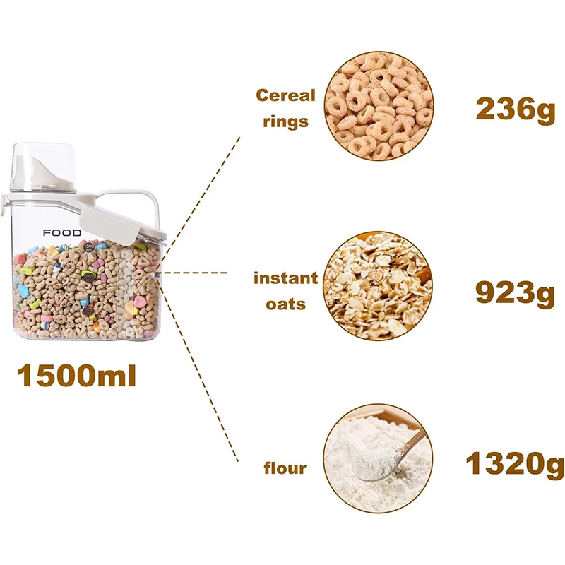 Compact Dry Food Cereal Storage Containers with Pouring Spout Measuring Cup for for Rice Nuts Beans Pet Food Snacks Candies