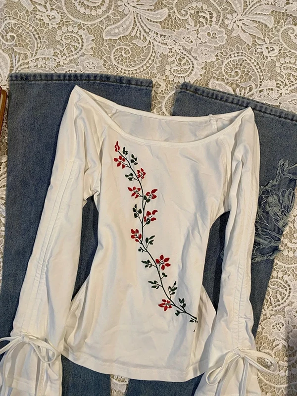 オリジナルホワイトラウンドネックドローストリングタイ長袖 Tシャツ女性のヴィンテージカジュアルファッショントップコットンブレンド夏服