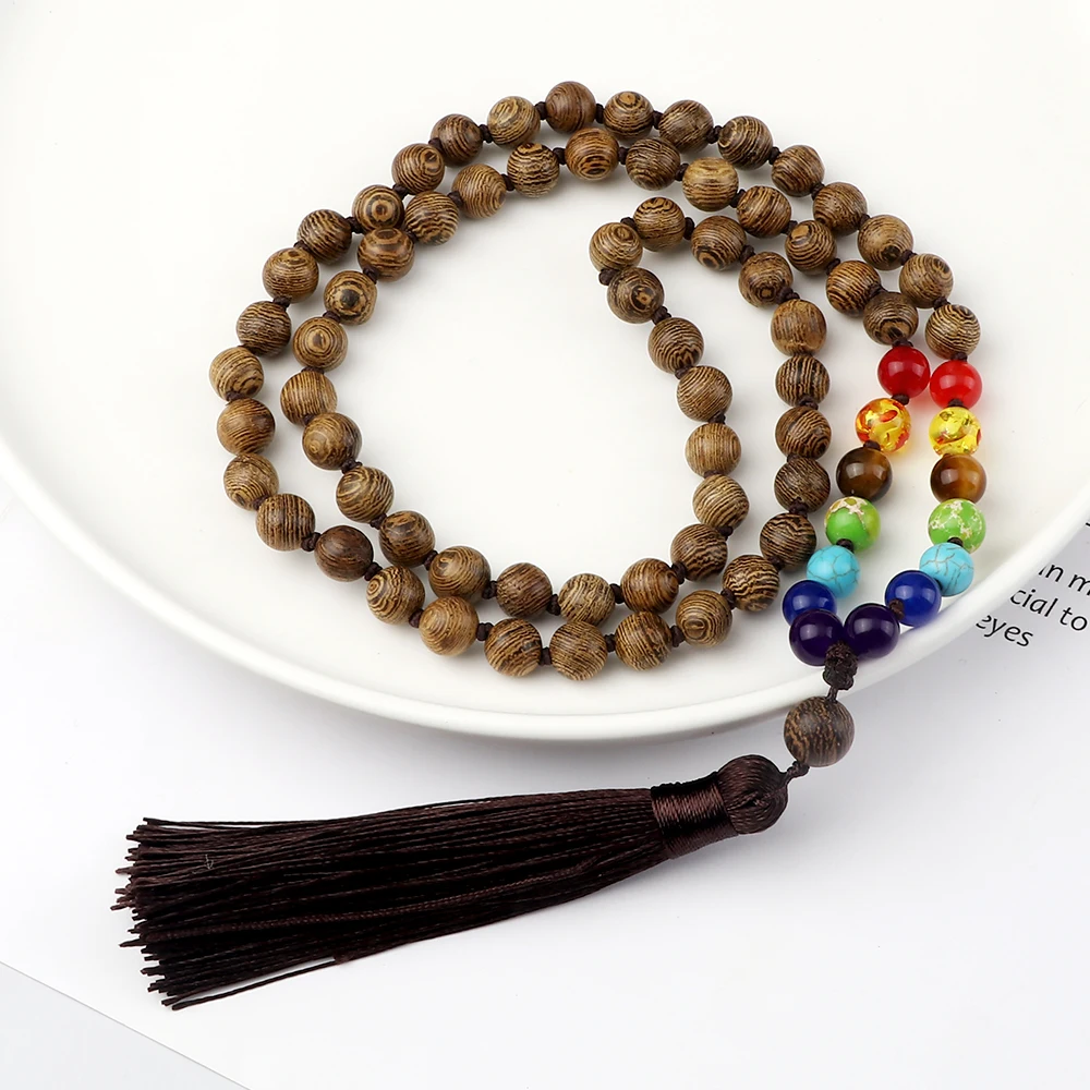 7 Chakra Original Wooden Beads Necklaces Vintage Tree of Life Tassel Japamala Yoga Meditation Necklace Buddhist Prayer Jewelry