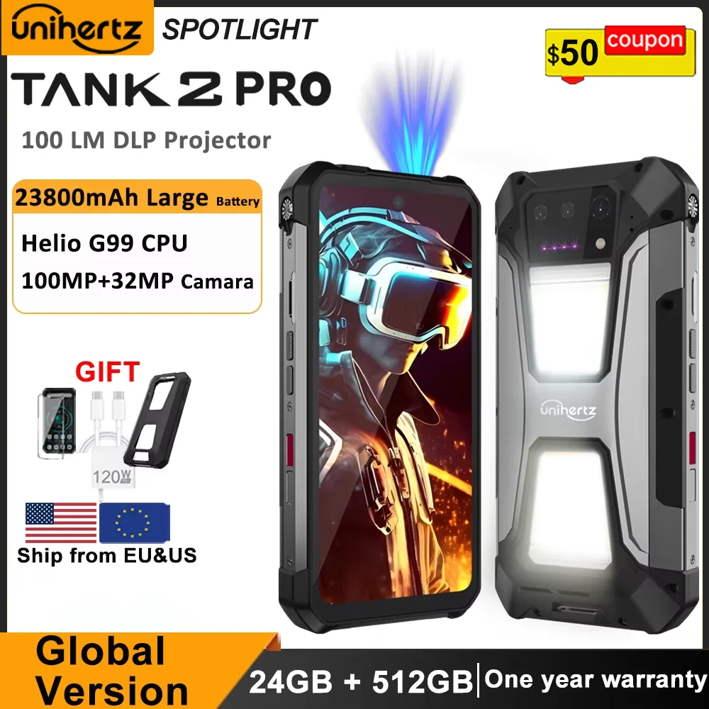

Unihertz tank 2 Pro 8849 rugged phone with projector 100MP 24GB 256GB Android 14 100MP NFC 120W Helio G99 23800mAh