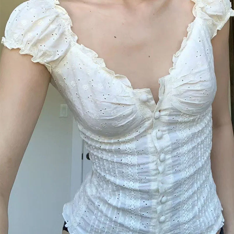 

Delicate cute White Corset Top 2000s T-Shirts Lace Trim Vintage Harajuku Button V Neck Slim Pullovers New