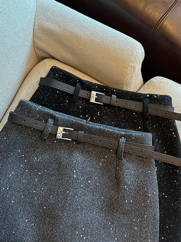 Gray Polka Dot Wooden  Woolen A-Line High Waist Short Skirt Women's Autumn Winter New Style Sexy Lady Personality Short S...