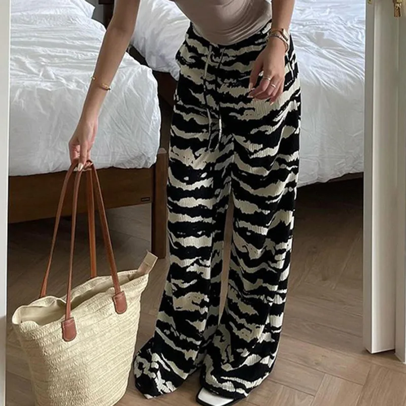Animal Print Knitted Casual Pants in Autumn and Winter Women's Loose Wide-leg Pants High Waist Mop Pants