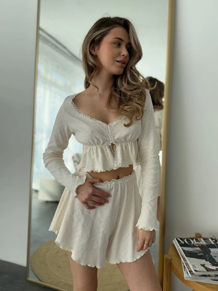 Marthaqiqi ملابس منزلية للسيدات بيجامات بأكمام طويلة ملابس نوم قصيرة مثيرة برقبة على شكل حرف v ملابس نوم قصيرة طقم قمصان نوم نسائية غير رسمية