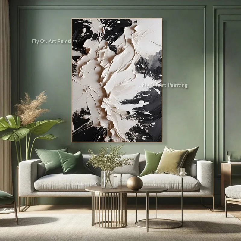 New Specail Design Handmade Black And White Knife Thick Canvas Oil Painting Abstract Black Golden White Wall Art Decor For Room