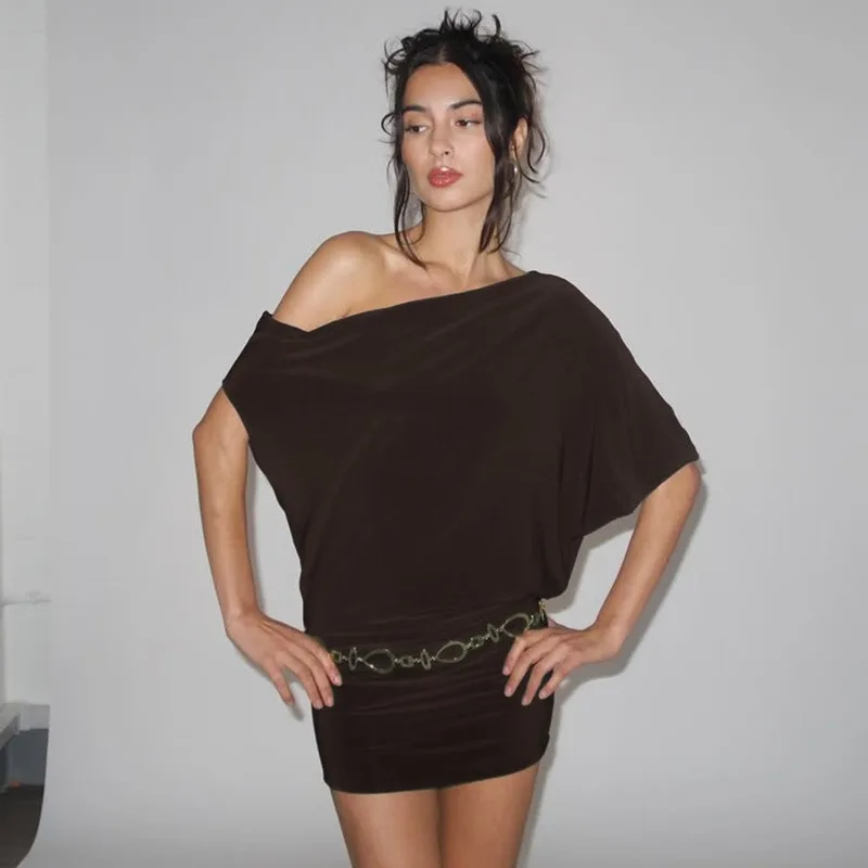 Women Solid Irregular Off Shoulder Mini Dress Fashion Sexy Slash Neck Short Sleeve Bodycon Casual Dresses Summer Streetwear