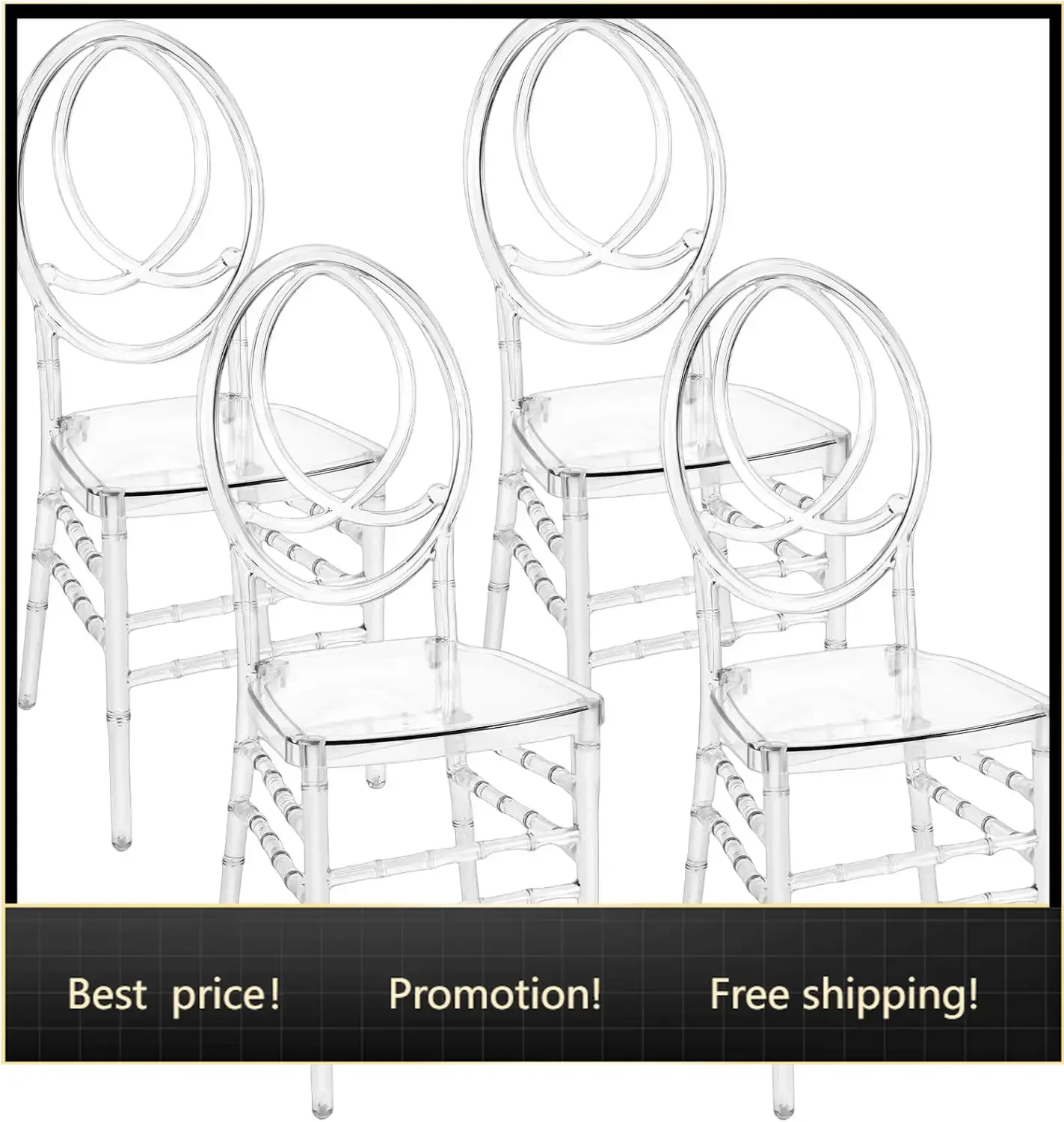 Set of 4 Clear Acrylic Chiavari Chairs, Modern Dining Chairs Set Oval High-Back Stackable Crystal Dining Chairs Accent Event