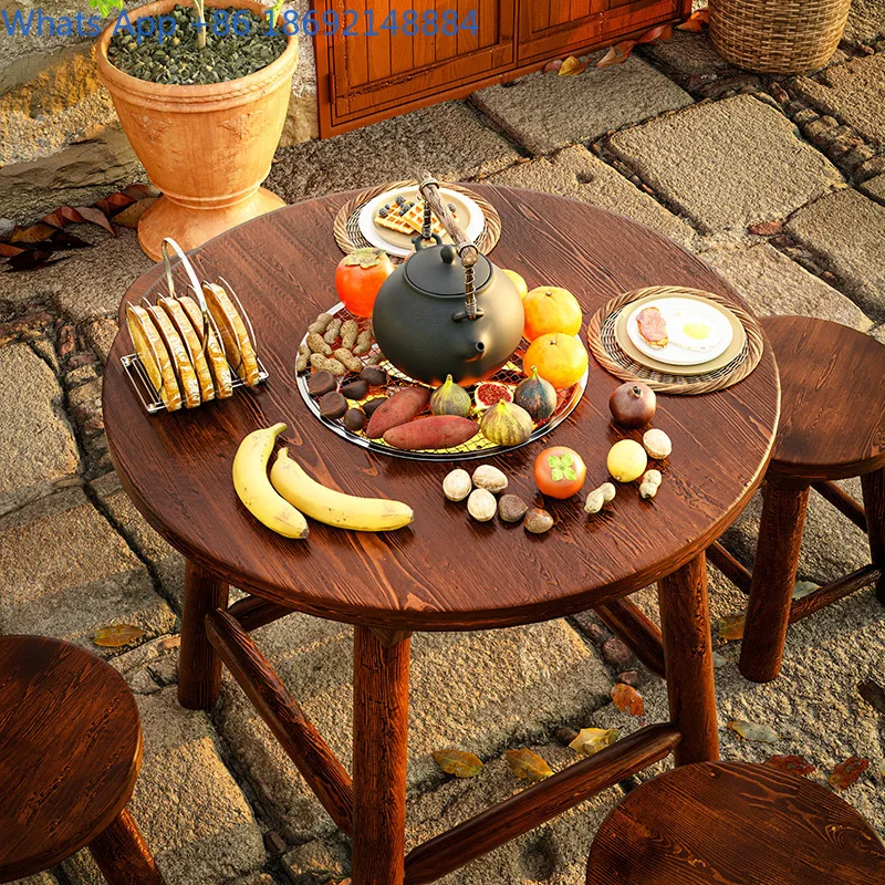 Round Wooden Tea Table for Outdoor Use Vintage Style for Balcony Garden or Patio Perfect for BBQ and Hot Pot