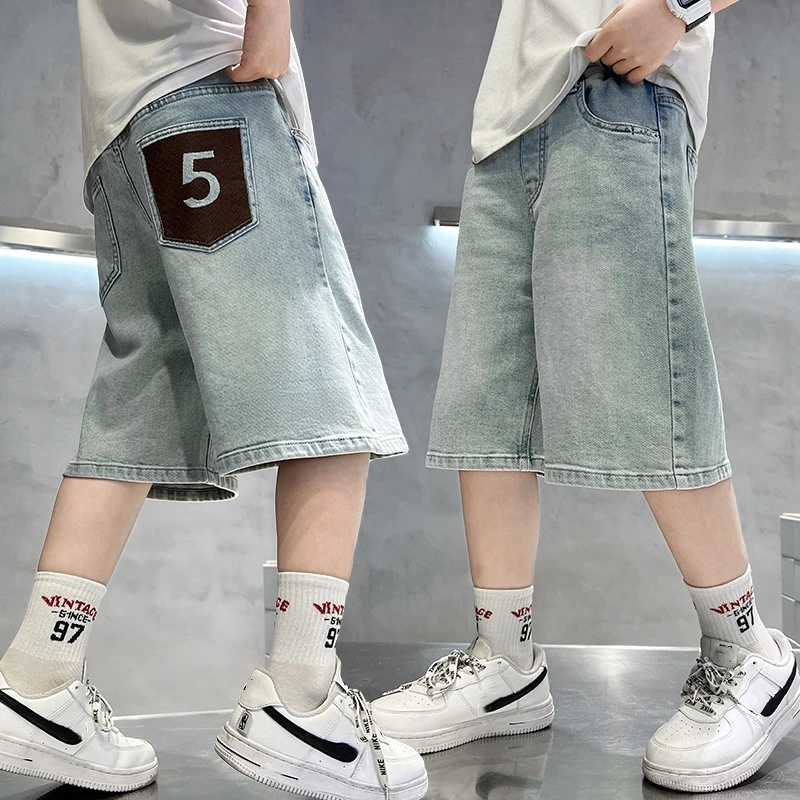 Boy's Denim Shorts New Fashion Solid Color Short Jeans Kids Casual Summer Bottoms Boy's Knee-Length Pants For Teenager Age 5-14Y