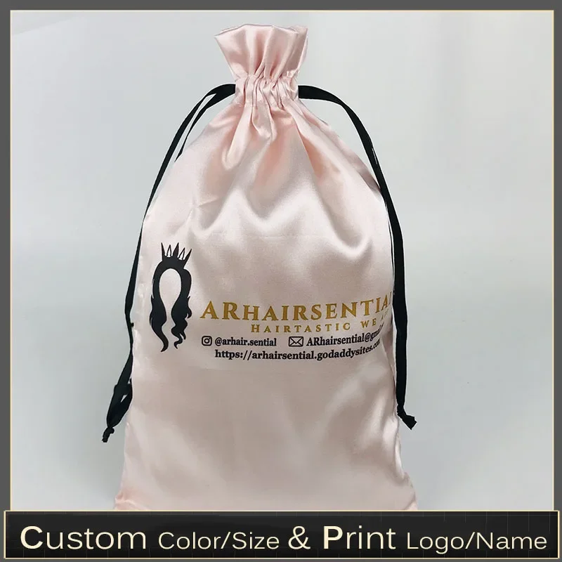 Satin Packaging Bags Custom Logo Silk Satin Drawstring Christmas Bag Extenssions HandBag Home Storage Drawstring Pouch 50pcs/lot