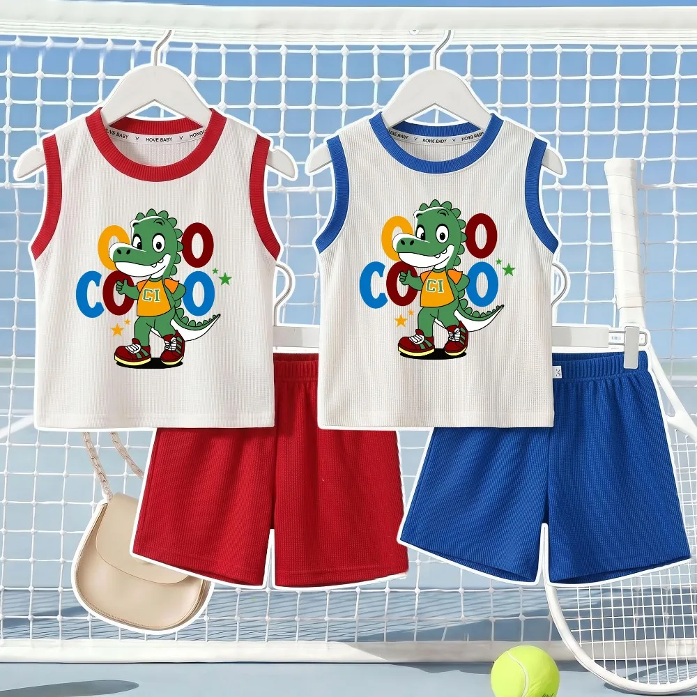 Fashion Printed Summer Boys Fashion Outfits Breathable Comfy Children Sport Vest Shorts 2pcs Set Kids Beach Clothing Sets Summer