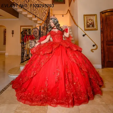 EVLAST Customized Glitter Red Quinceanera Dress Ball Gown Lace Floral Applique Beading Bow Sweet 16 Vestidos De 15 Anos E1QN720