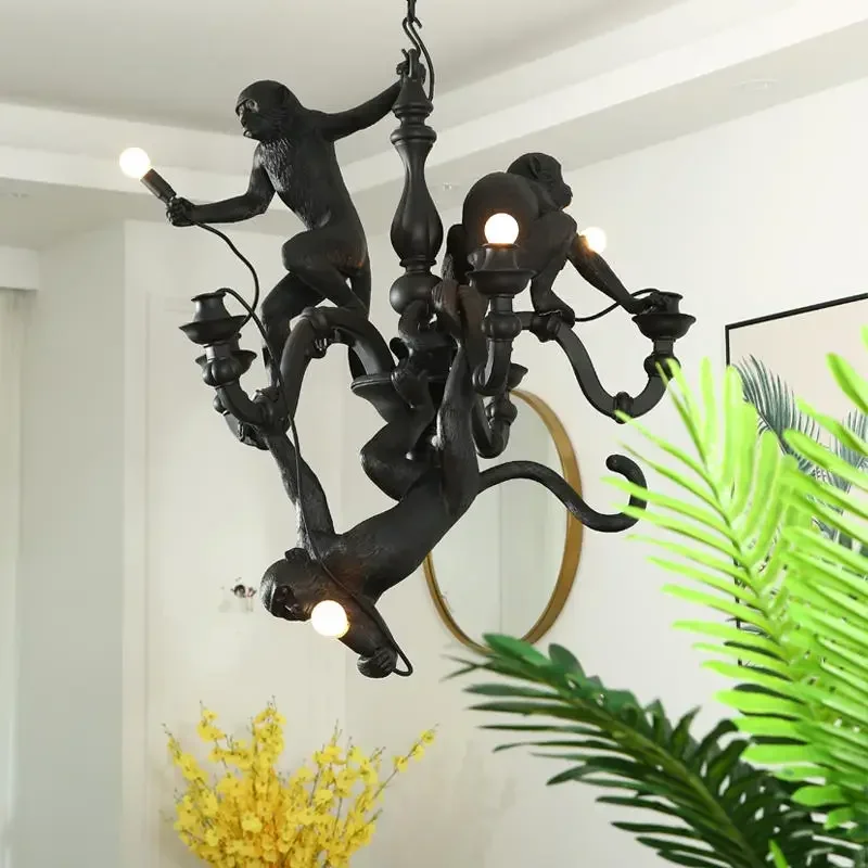 

LED Monkey Art Chandelier Resin Simian Pendant Lamp for Living Room Dining Kitchen Drop Lights Italian Chandelier E27 Home Decor