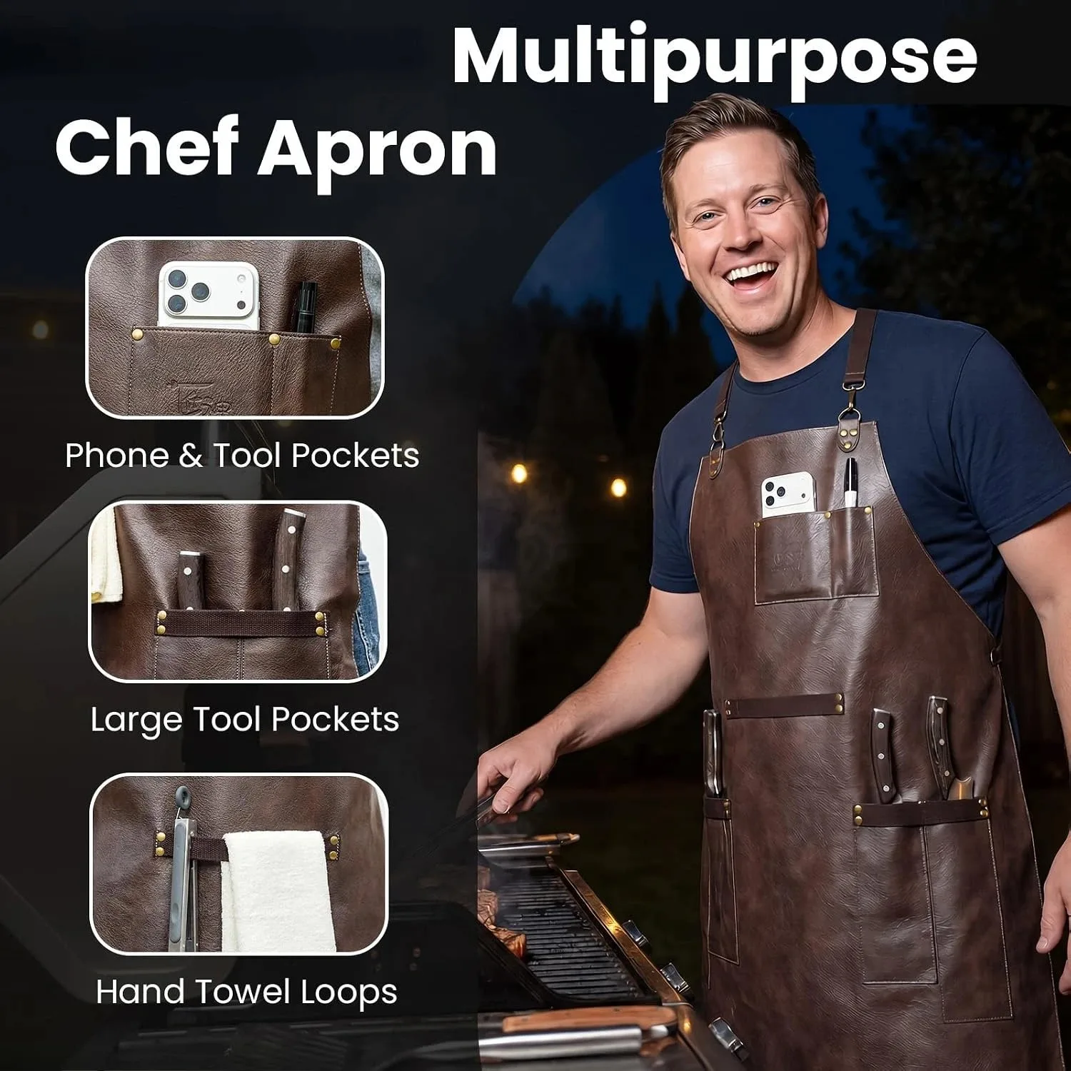 Bonded Leather Chef Cooking Apron for Men,Waterproof Apron with Multiple Pockets,Great for Kitchen,Garden,Butcher Work or Crafts
