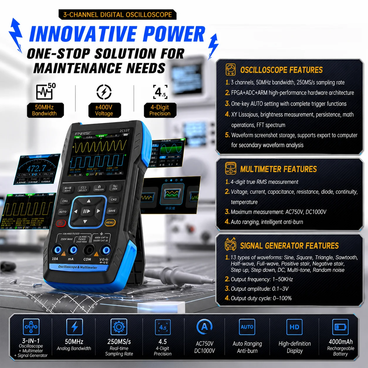 FNIRSI 2C53T 2C23T Upgraded 3in1 Handheld Digital Oscilloscope Multimeter DDS Generator 50MHz 250MS/s Dual Channel 20000 Counts