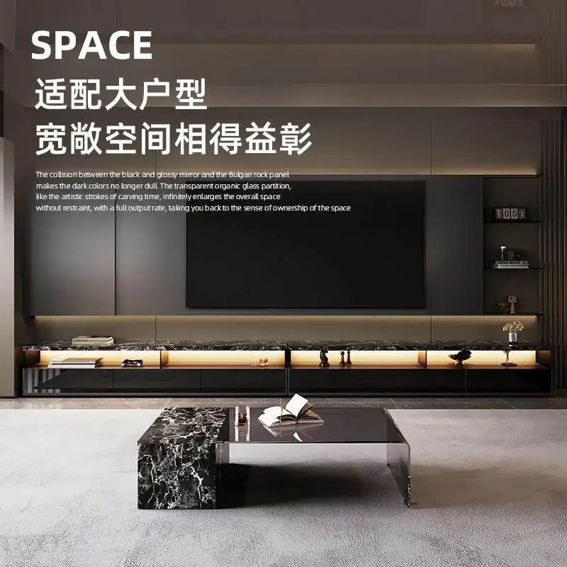 Italian minimalist floor-to-ceiling living room 2026 new villa large flat black rock slab TV cabinet