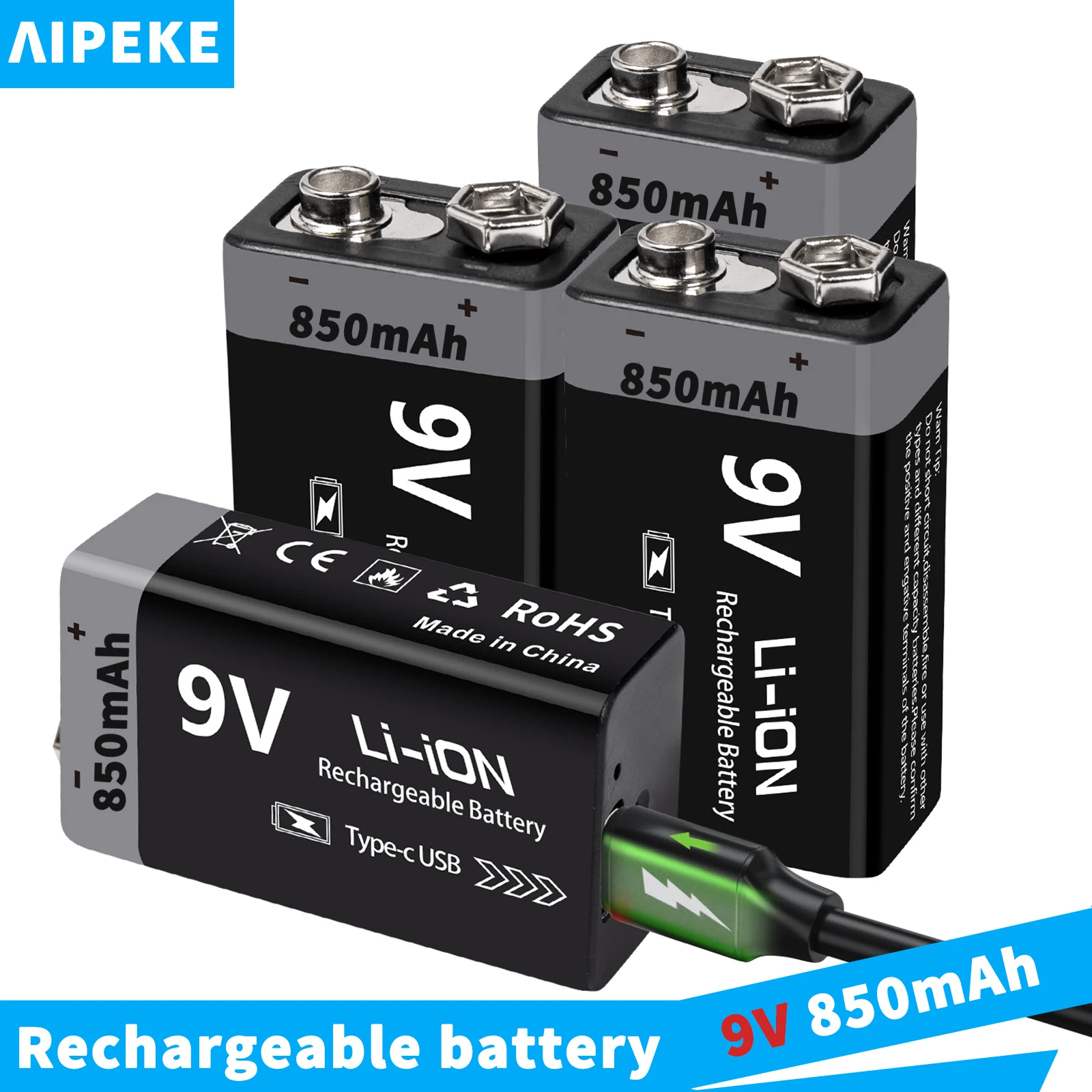 AIPEKE 850mAh 9v rechargeable batteries usb battery 6F22 9 volt batteries and rechargeable for RC Helicopter Model