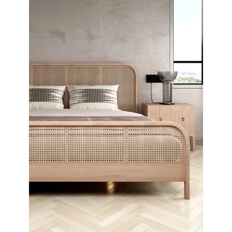 Nordic solid wood rattan double bed, retro wabi-sabi master bedroom simple single bed