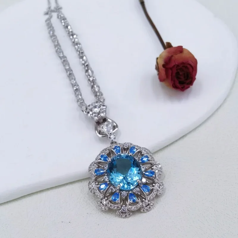 SACE GEMS Luxury 925 Sterling Silver 10*12MM Natual Sky Blue Topaz Pendant Necklace for Women Cocktail Party Fine Jewelry Gift