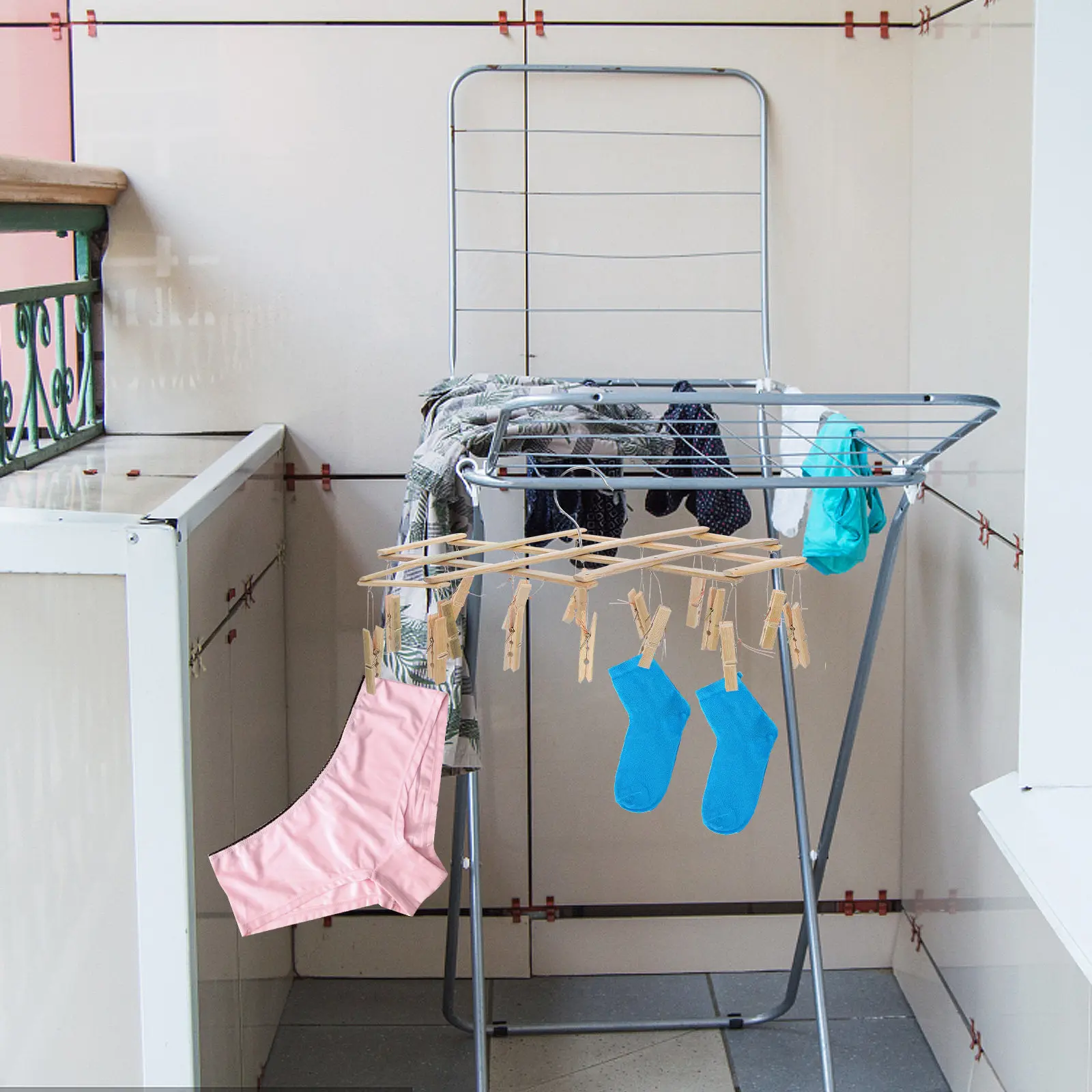 

Bamboo Drying Rack for Socks Underwear 16 Swivel Pegs Windproof Stainless Steel Clips Sun Resistant Space Saving Laundry Hanging