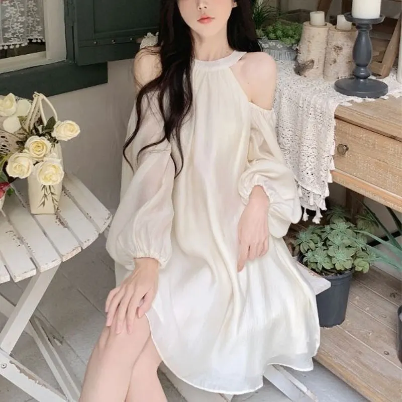 Spring Autumn Halter Mini Dress French Style Lantern Sleeve Women's Clothing Fashionable Off Shoulder Basic Solid Color Dresses