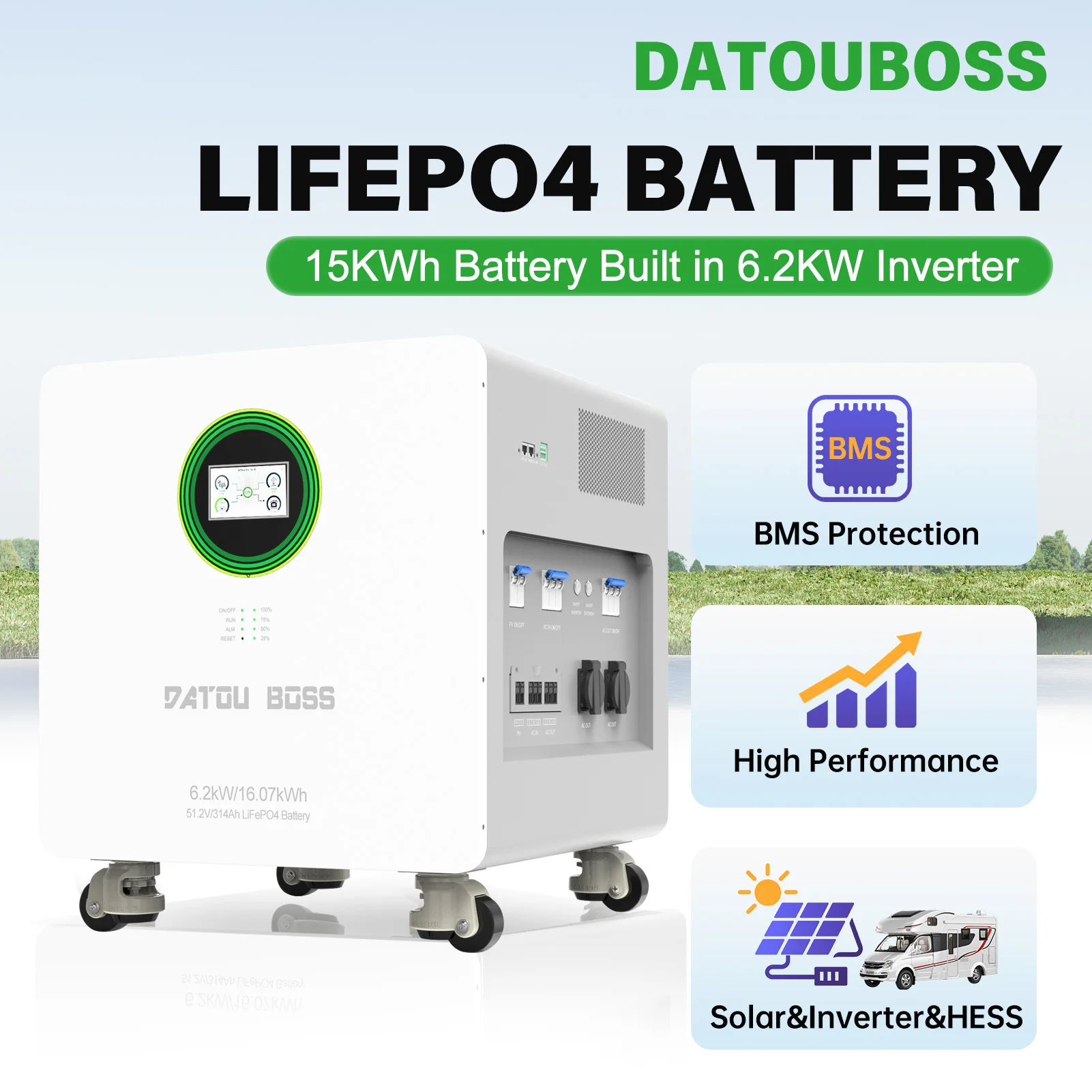 DATOU BOSS 16kWh All-in-One LiFePO4 Battery With Built-in Hybrid Inverter 6.2kW, 51.2V 314Ah, BMS, for Solar Home Off-Grid System and Backup Power