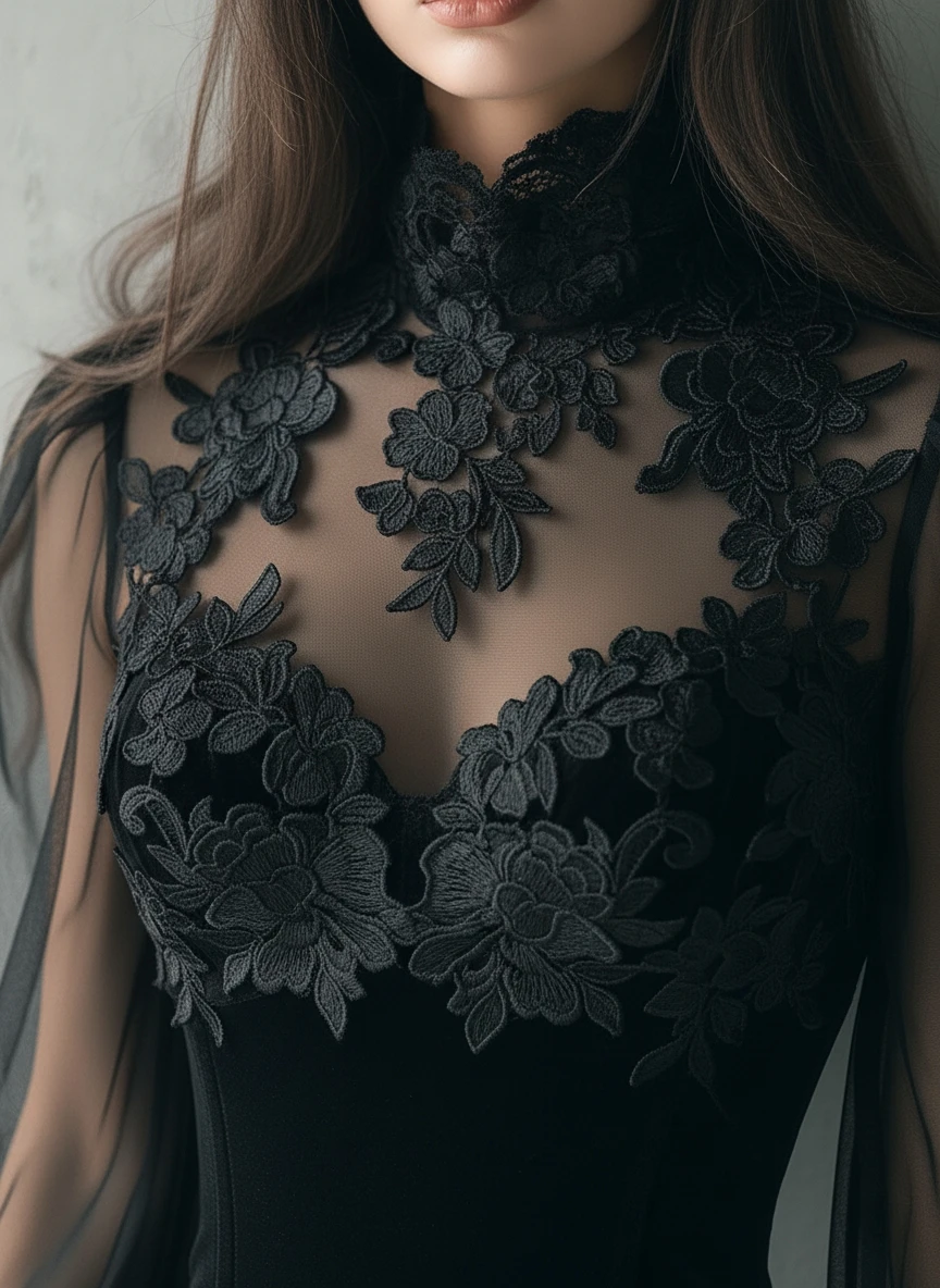 

Women's Vintage Mesh Blouse Elegant High Neck Lace Trim Sheer Long Sleeve Velvet Corset Top Fashion Casual Gothic Blouses