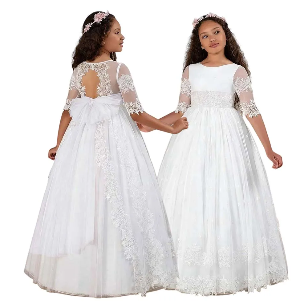 

Белое кружевное платье для девочек на свадьбу, для детей 2-14 лет, А-силуэт/принцесса, с короткими рукавами, для первого причастия, с бантом, праздничное платье, на заказ