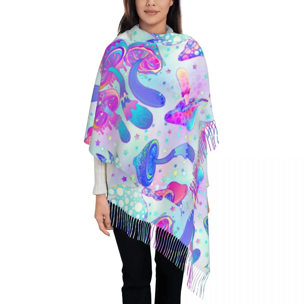 Women's Tassel Scarf Psychedelic Mushrooms Long Soft Warm Shawl and Wrap Magic Hippie Reversible Cashmere Scarf