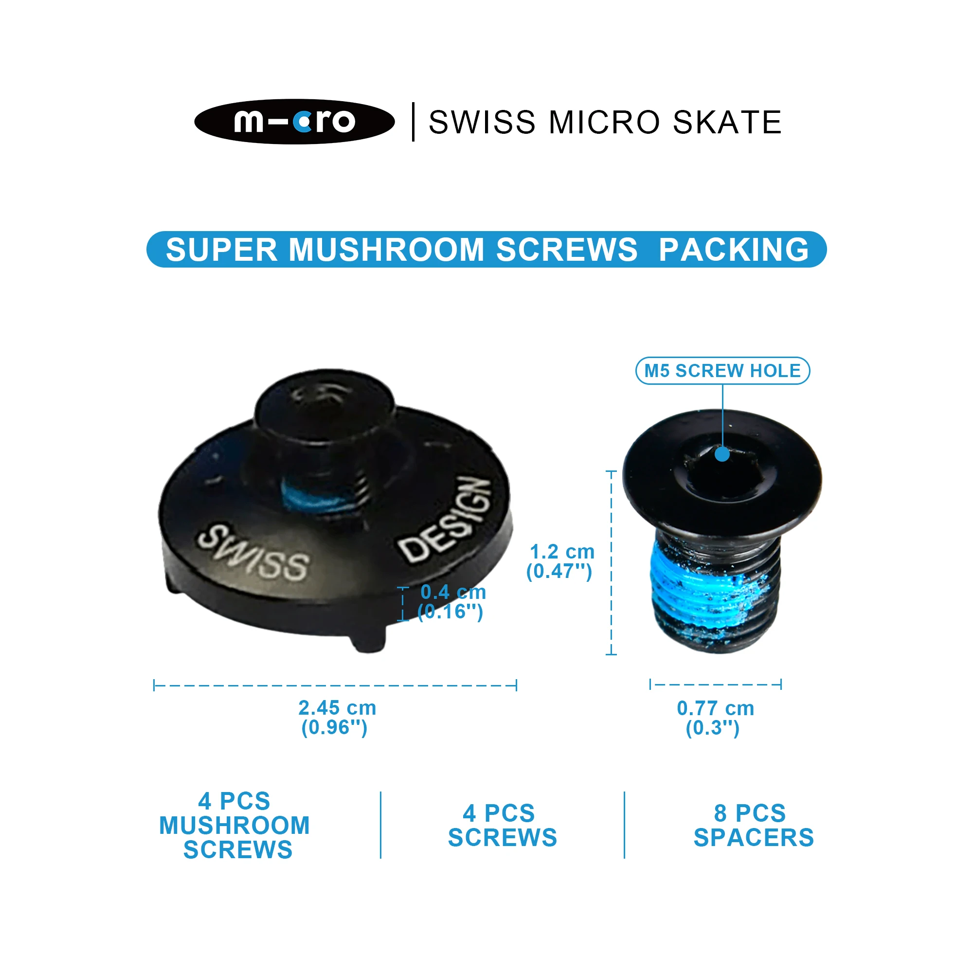 MICRO SKATE m-cro AXLES,MUSHROOM SCREWS,Set,Durable Mushroom Screws Set for Inline Skates,MICRO MT/SUPER/DELTA