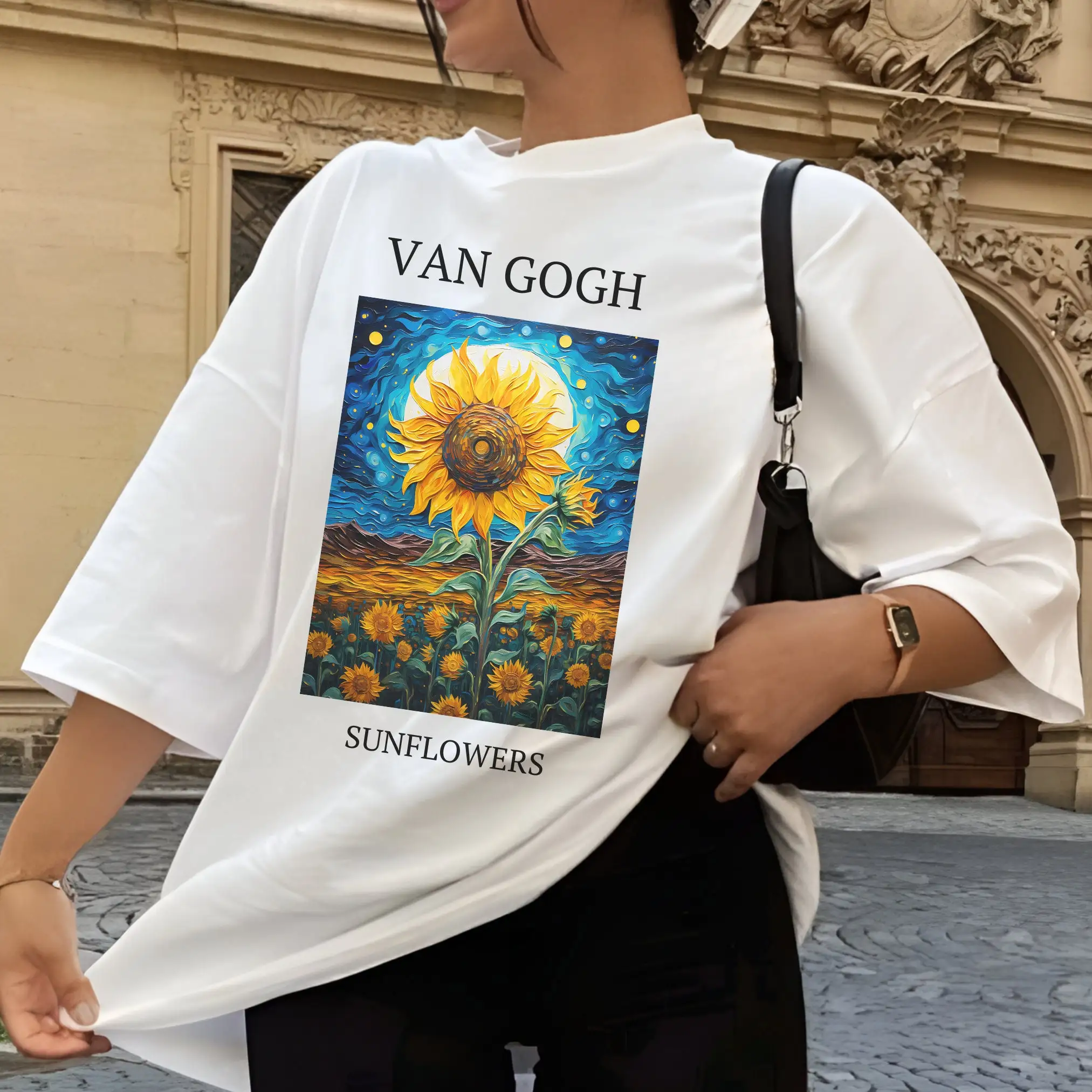 Van Gogh Slogan Women T-shirt Vintage Fashion Sunflowers Oil Painting Print Female Shirt New Fashion Individuality Girl Tee