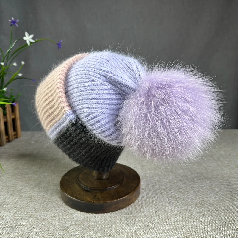 New High quality Rabbit Fur Beanies Soft Warm fur pompom Winter Hat for Women Angora Knitted Hat Skullies Female Bonnet Knit Cap