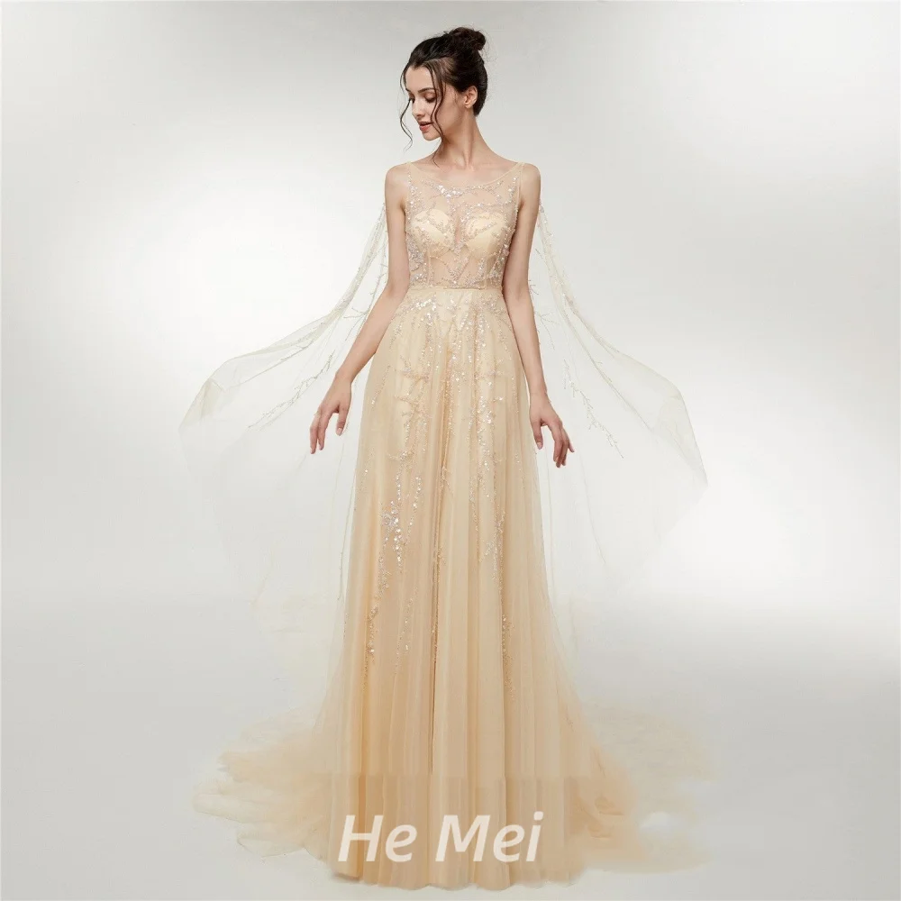 

Shiny Customized Party Gowns Sequined Tank Appliques Prom Dresses A Line Illusion Tulle Evening Dress New فساتين سهرة