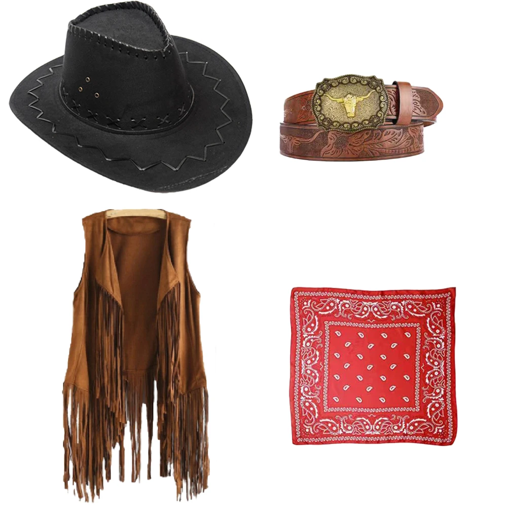 PESENAR Sombreros y pañuelos de vaquero occidental para niños y niñas, sombreros de vaquero para accesorios de disfraces de Halloween