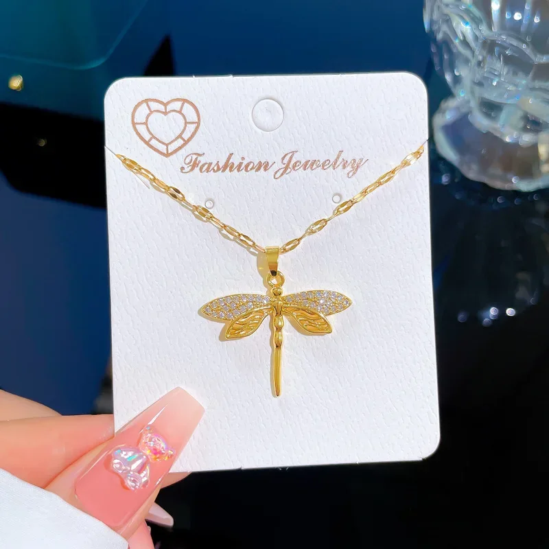 Stainless Steel Cute Zircon Dragonfly Pendant Necklaces for Women Vintage Accessories Gifts for Friends Family