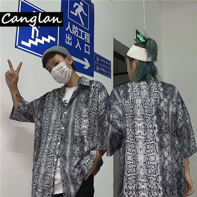 Men Women Vintage Snake Print Shirt Button Up Shirt Big Streetwear Long Loose Short Sleeve Gothic Goth Dropship 2022