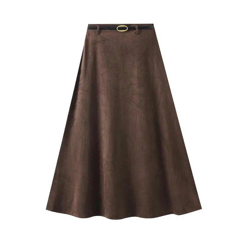 Women's Autumn Winter Suede Long Skirts 2026 Fashion High Waist Elegant A-line Casual Brown Skirt