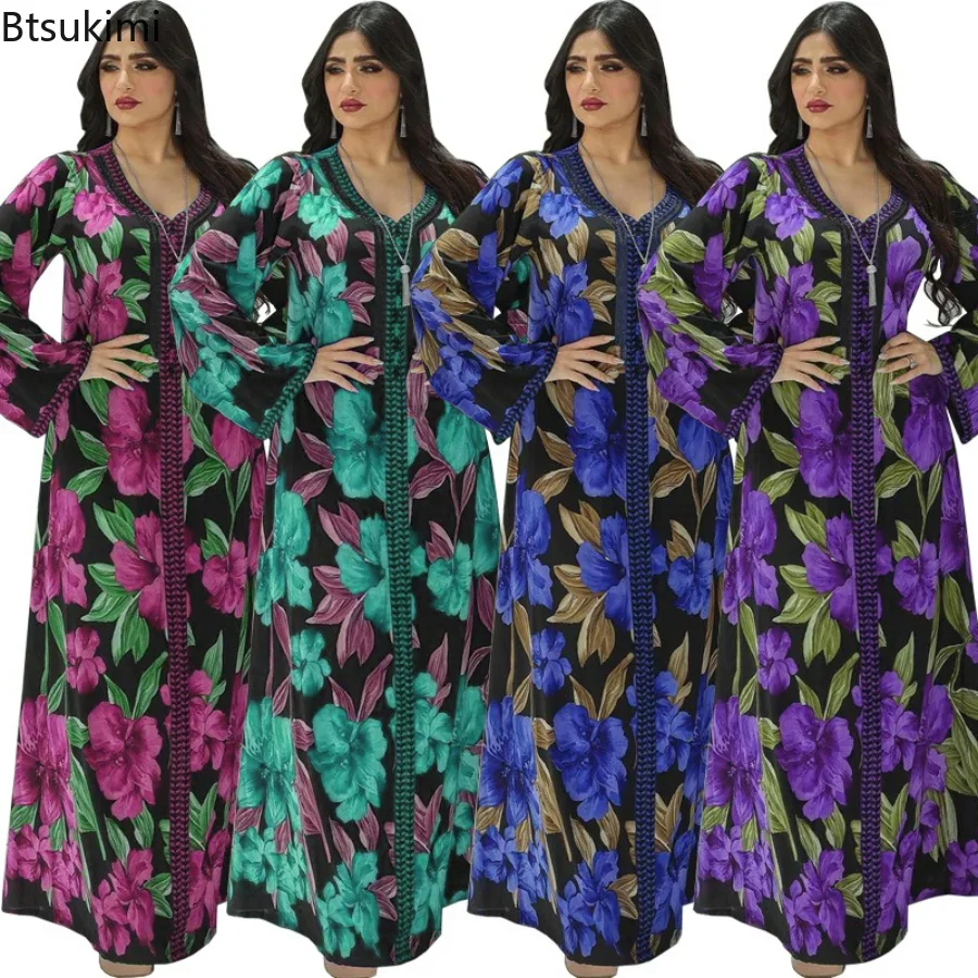 

2024 Women's Turkey Eid Muslim Party Dress Printed Diamond Lace Dress Morocco Abaya Kaftan Eid Evening Dresses Dubai Islam Robe