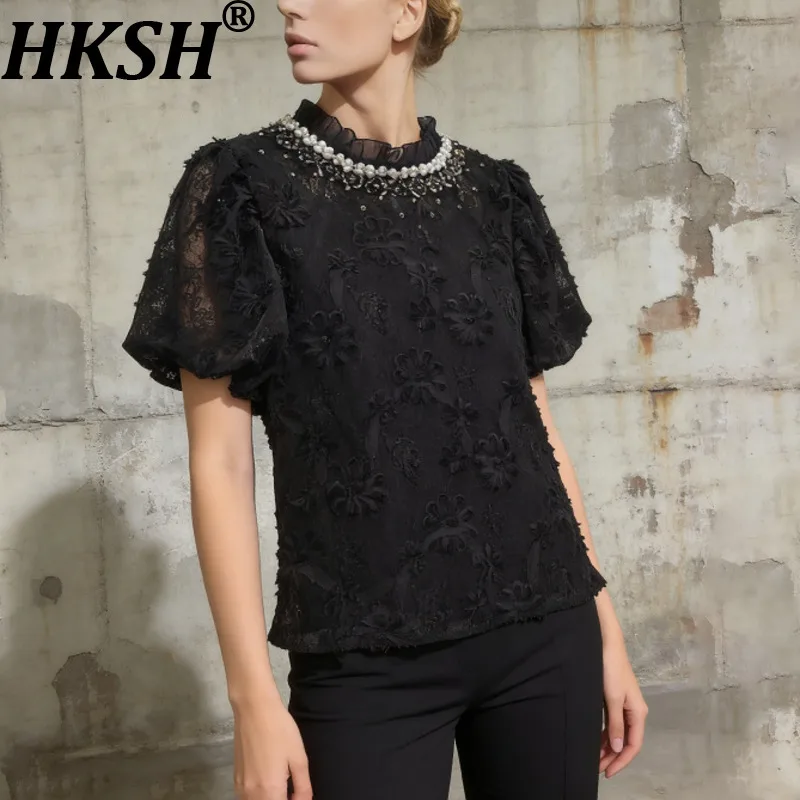 

Женская футболка HKSH с круглым вырезом, короткими рукавами, вышивкой стразами и цветами, французский элитный стиль, милый топ, новинка лета 2026 HK21060