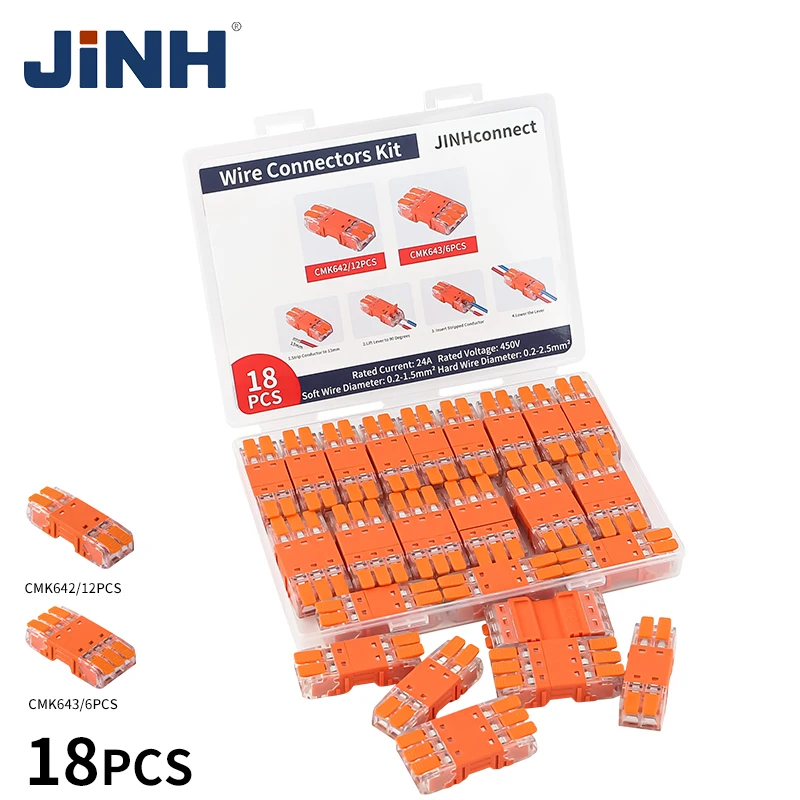 JINH CMK64 Series 18 Pcs Plug-in Lever Electrical Connector Kit 2/3 Port Compact Wire Connectors for Quick Wiring and Disconnect