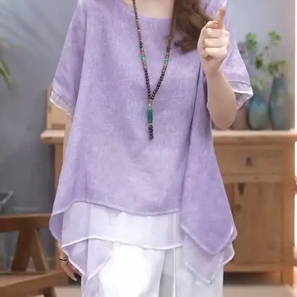 fashionable-simple-soft-color-round-neck-design-shirt-short-sleeve-women's-set-2025-summer-new-anti-aging-slimming