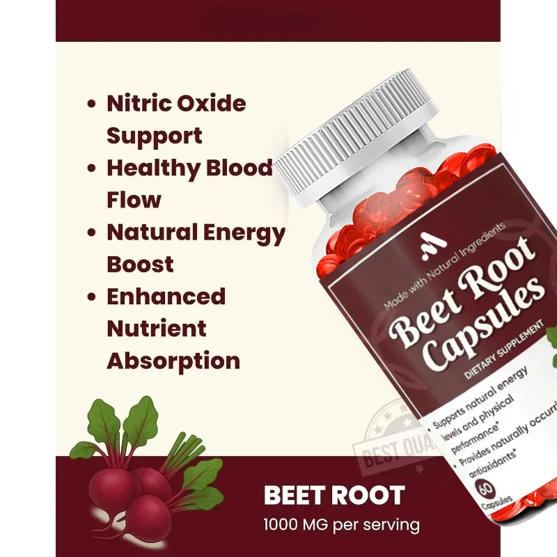 Beetroot Capsules Contain Black Pepper -1000 Milligrams Per Serving, Natural Energy Support, 60 Capsules