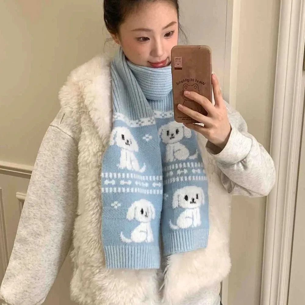 

Милый крутой вязаный шарф с рисунком кота, пушистый жаккардовый шейный платок для щенка, повседневный зимний шерстяной шарф в японском стиле, уличный